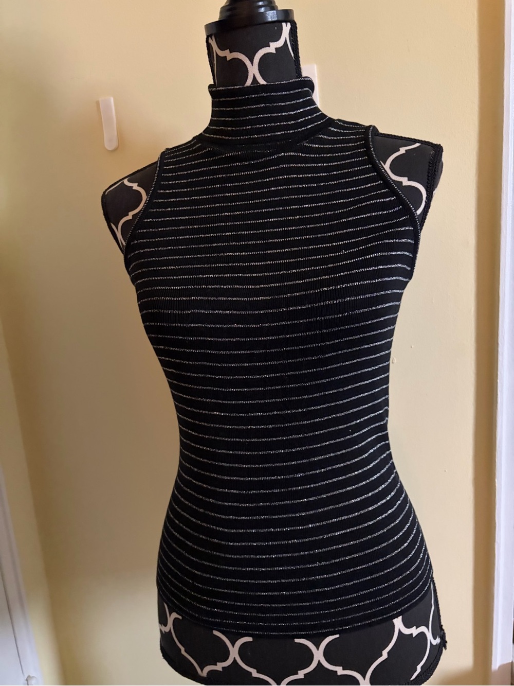 60's Mod Vintage Black Striped Sparkling Metallic Sleeveless Turtleneck Tank